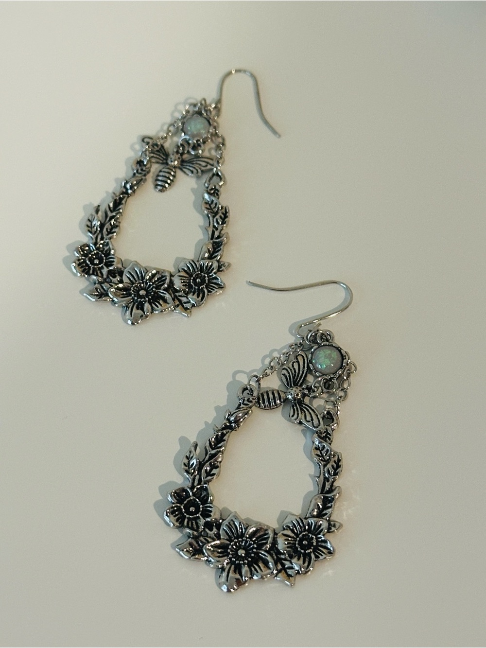 Fashion Jewelry Silver Floral Drop Earrings with Opal-Tone Accent